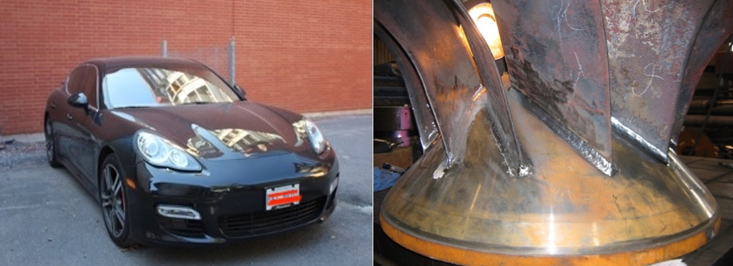 A Steel Car Body which has been formed in many ways and a fabricated Steel Turbine for use in Hydro Generation