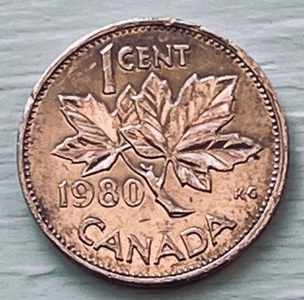 Close-up photo of Canadian copper-based penny